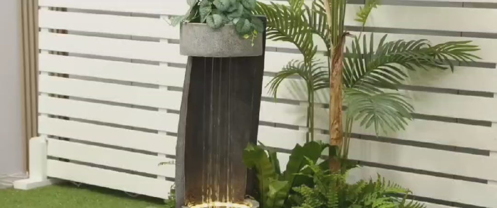 Modern Outdoor Water Fountain with Planter & LED Light – Decorative Garden Waterfall 35"