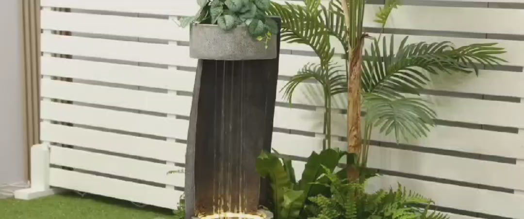 Modern Outdoor Water Fountain with Planter & LED Light – Decorative Garden Waterfall 35"