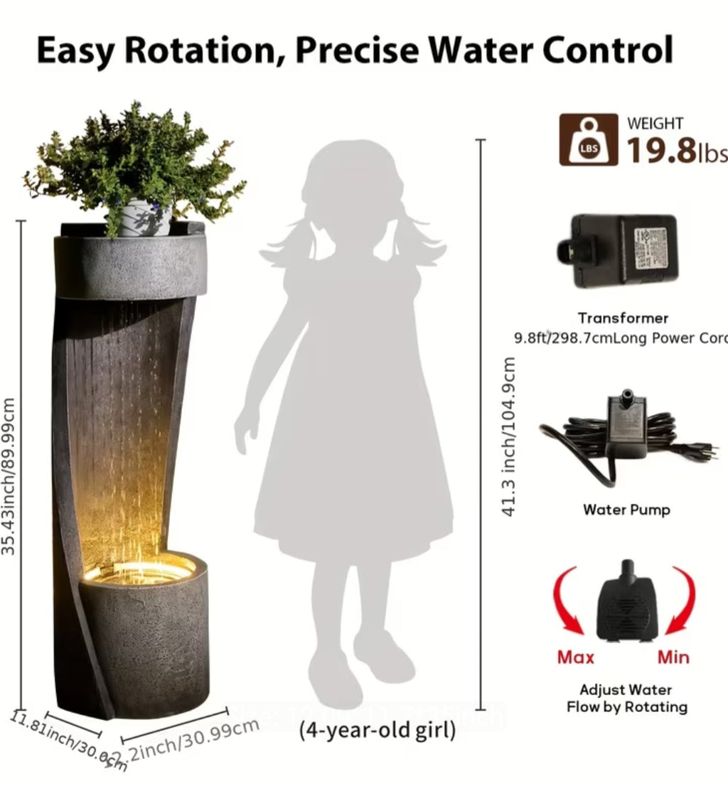 Modern Outdoor Water Fountain with Planter & LED Light – Decorative Garden Waterfall 35"