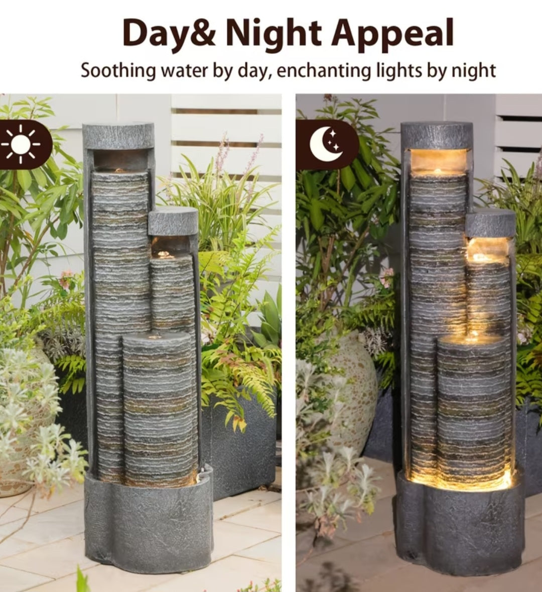 Modern LED Water Fountain for Garden & Patio – Indoor/Outdoor Cascading Water Feature 39.5"