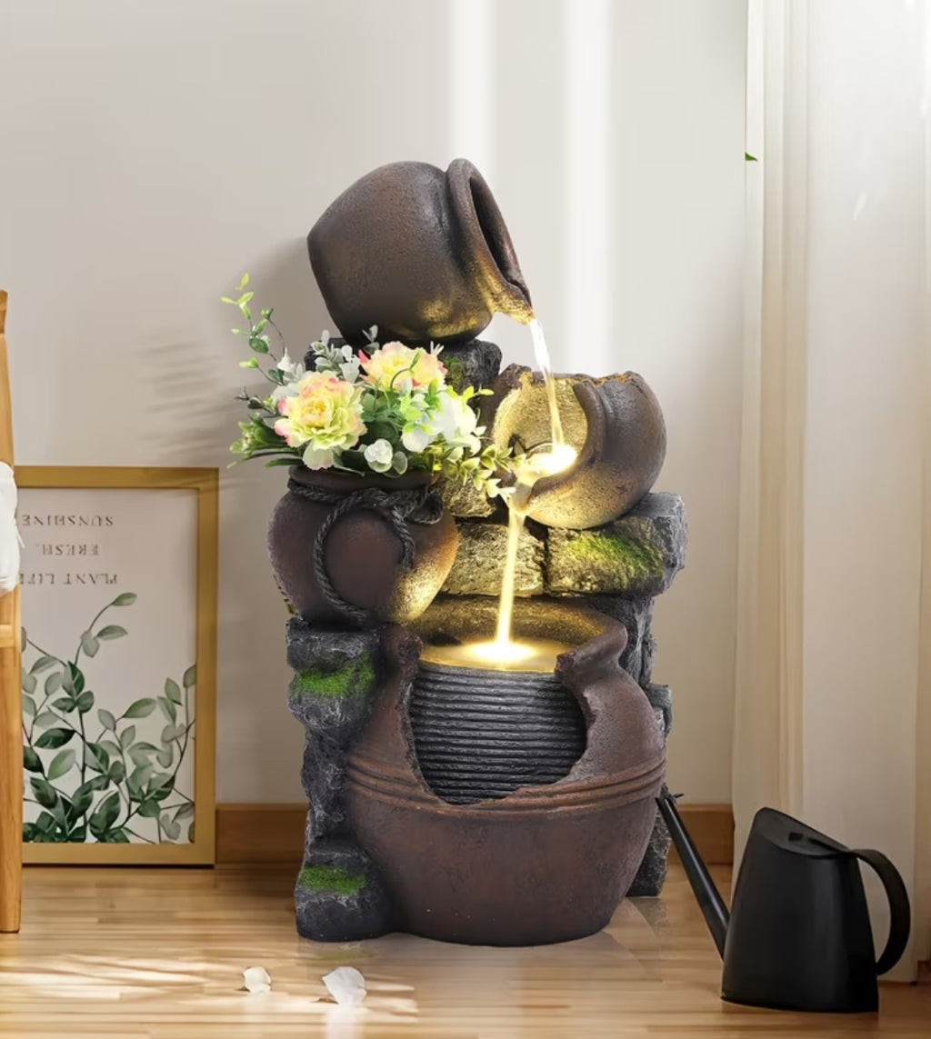 Garden Water Fountain with LED Lights – 4-Tier Cascading Jugs Outdoor & Indoor Decor