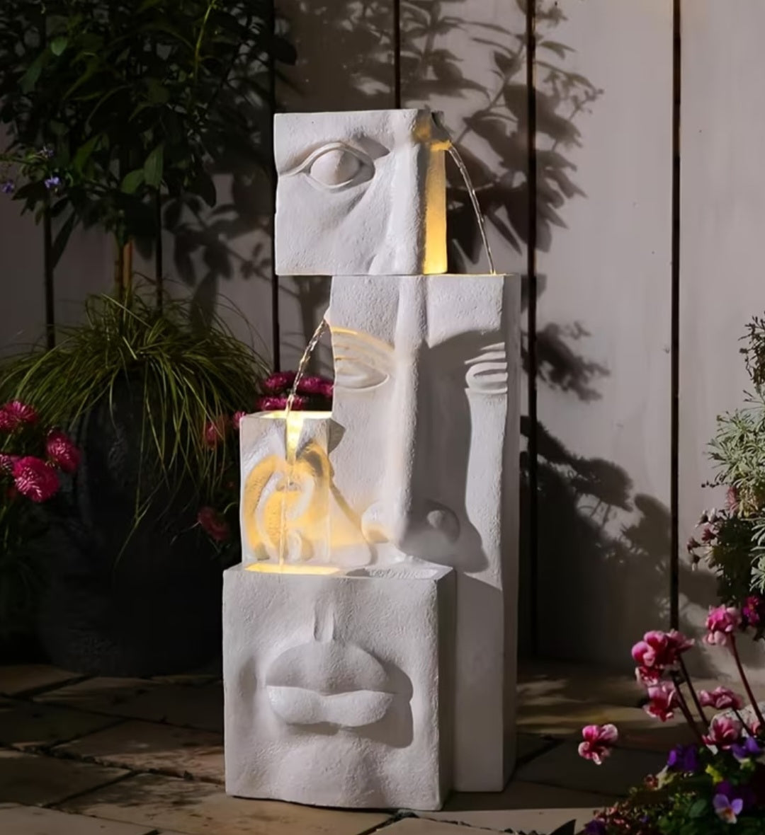 Modern Abstract Face Water Fountain with Planter & LED Lights – Outdoor Garden Water Feature 35"