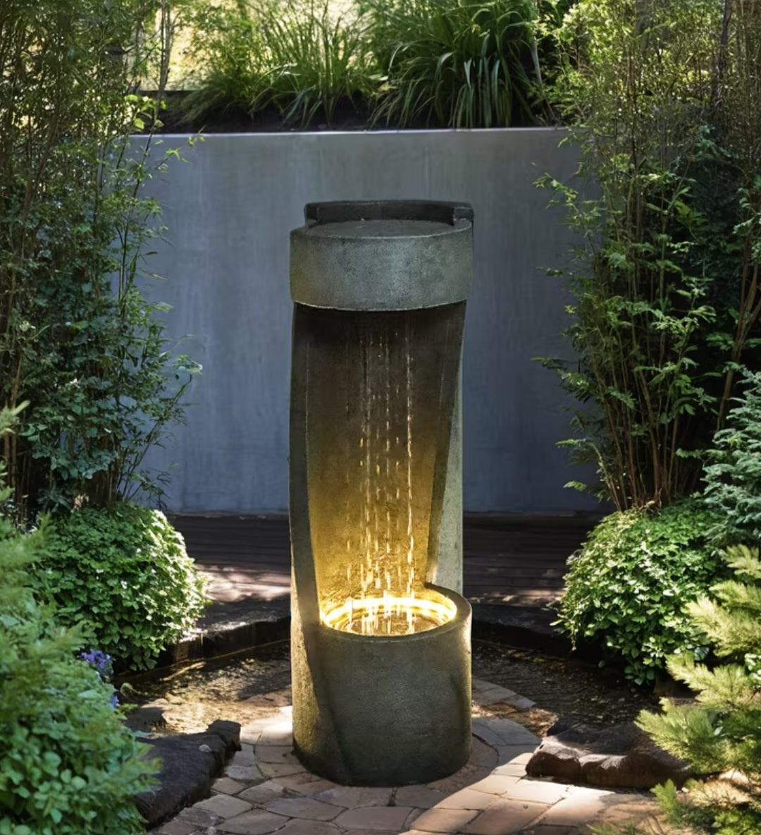 Modern Outdoor Water Fountain with Planter & LED Light – Decorative Garden Waterfall 35"