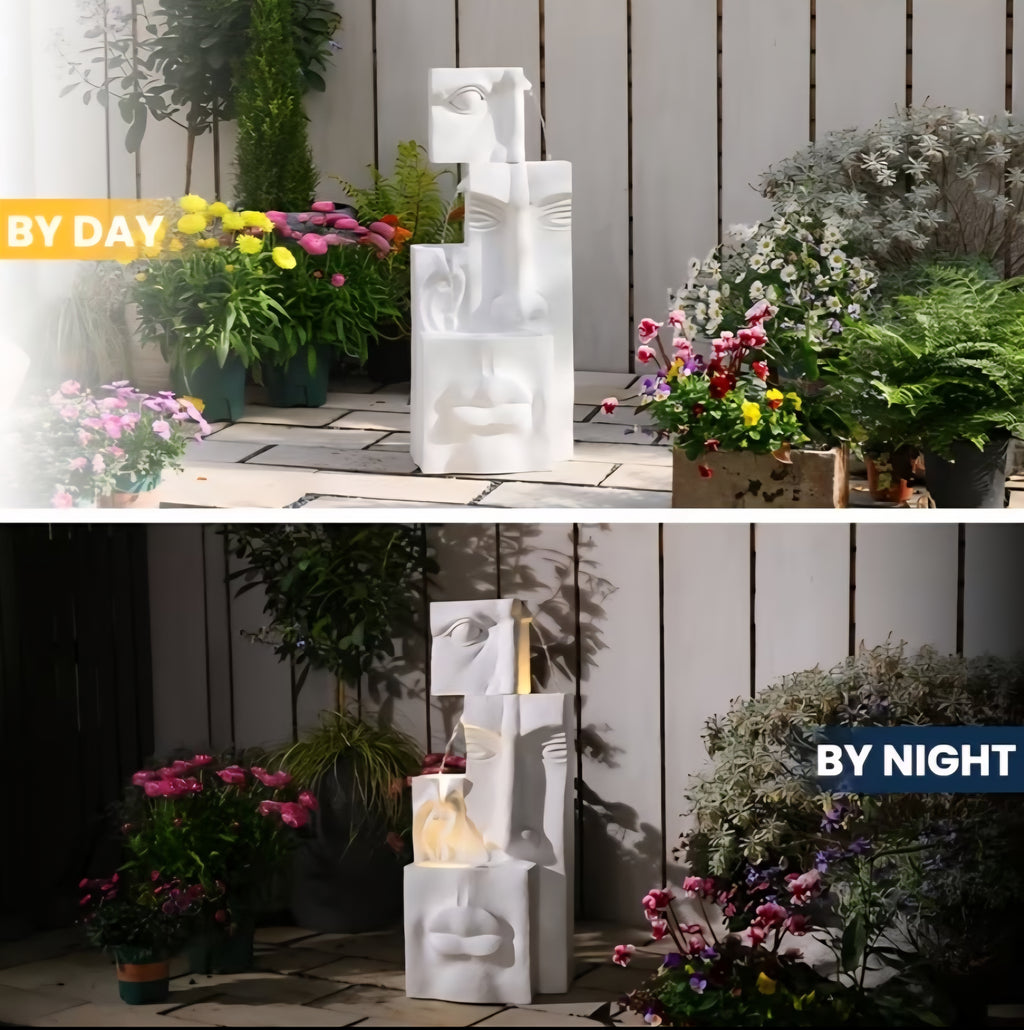 Modern Abstract Face Water Fountain with Planter & LED Lights – Outdoor Garden Water Feature 35"