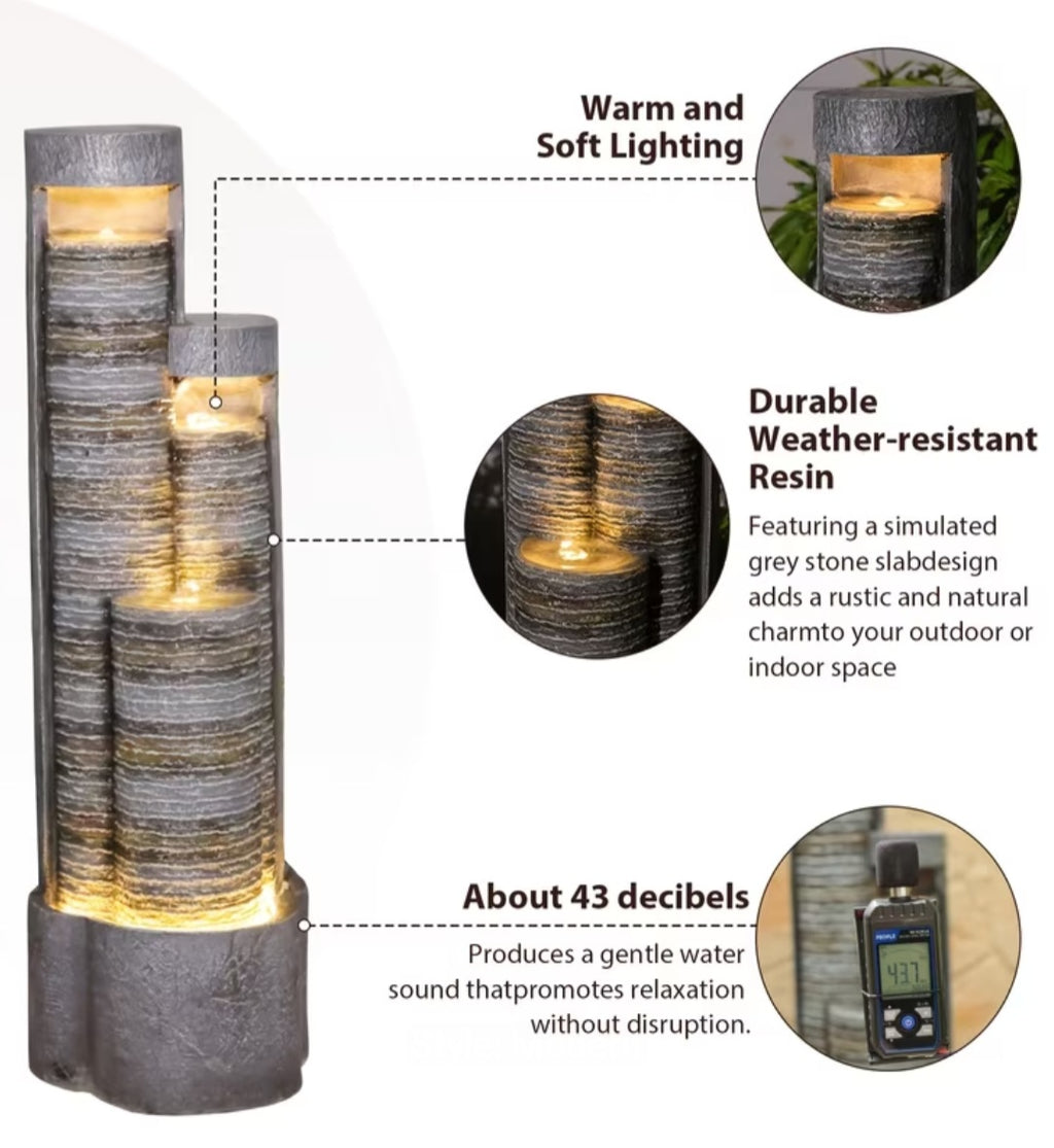 Modern LED Water Fountain for Garden & Patio – Indoor/Outdoor Cascading Water Feature 39.5"