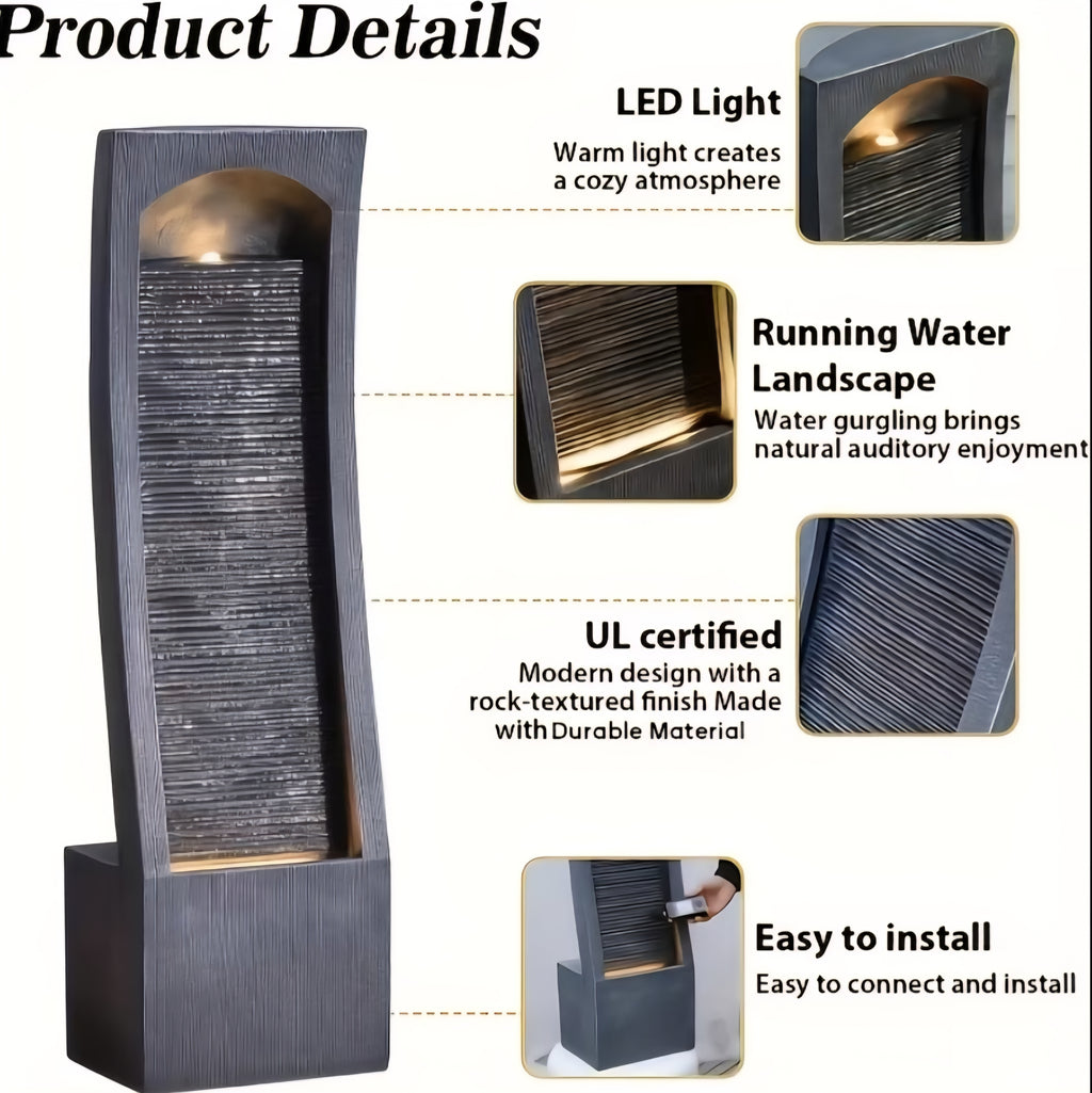 Modern Waterfall Fountain with LED Lights – Indoor & Outdoor Water Feature 42.5 Inch