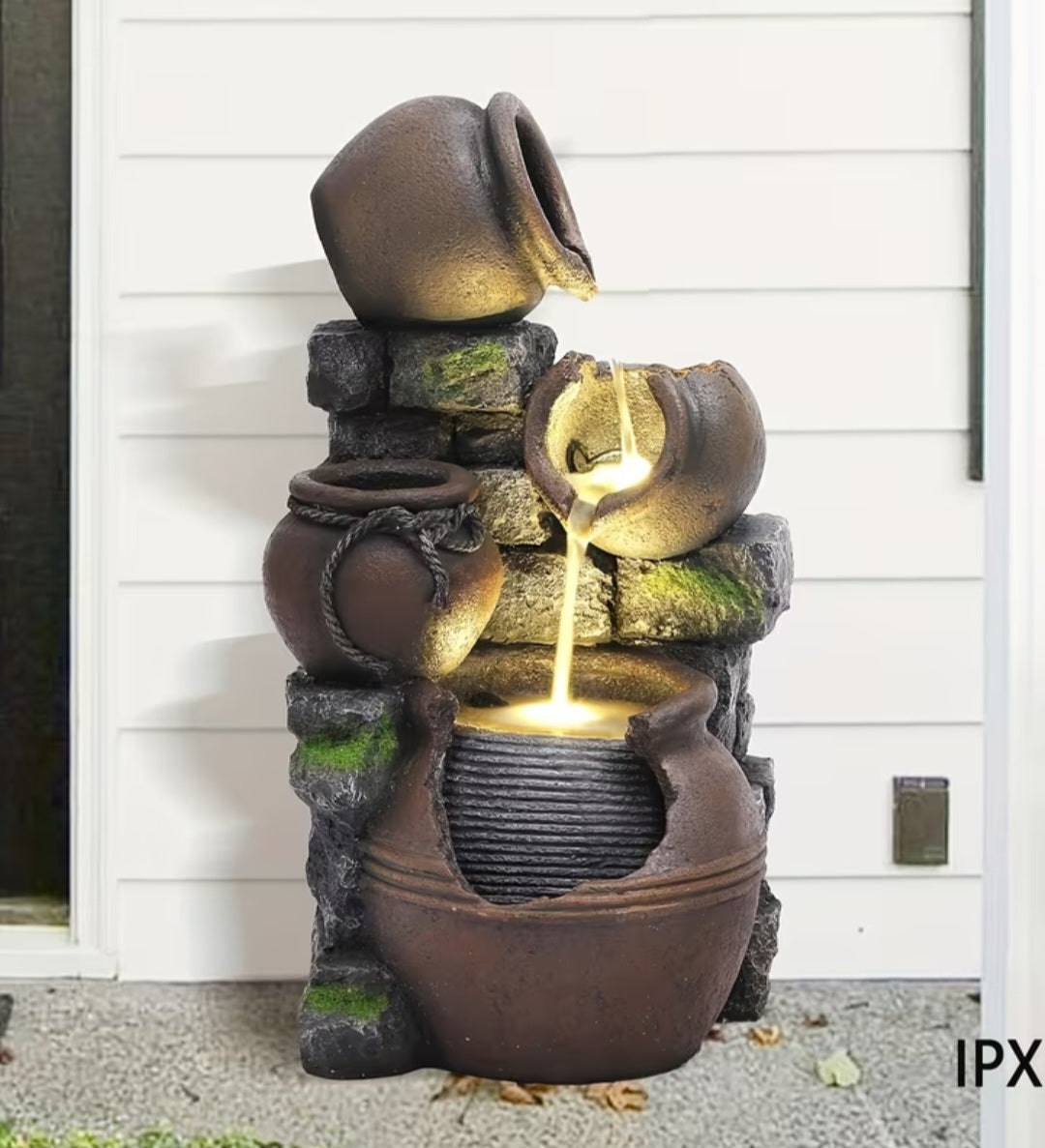 Garden Water Fountain with LED Lights – 4-Tier Cascading Jugs Outdoor & Indoor Decor
