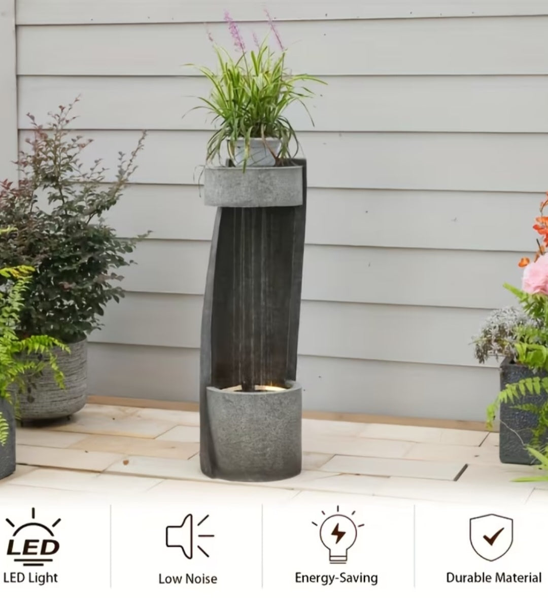 Modern Outdoor Water Fountain with Planter & LED Light – Decorative Garden Waterfall 35"