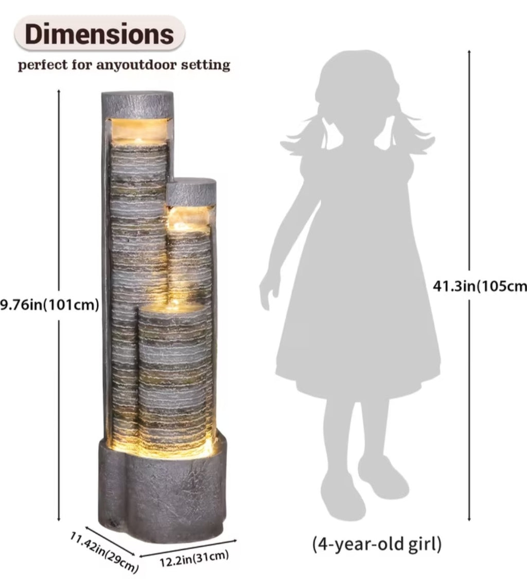 Modern LED Water Fountain for Garden & Patio – Indoor/Outdoor Cascading Water Feature 39.5"