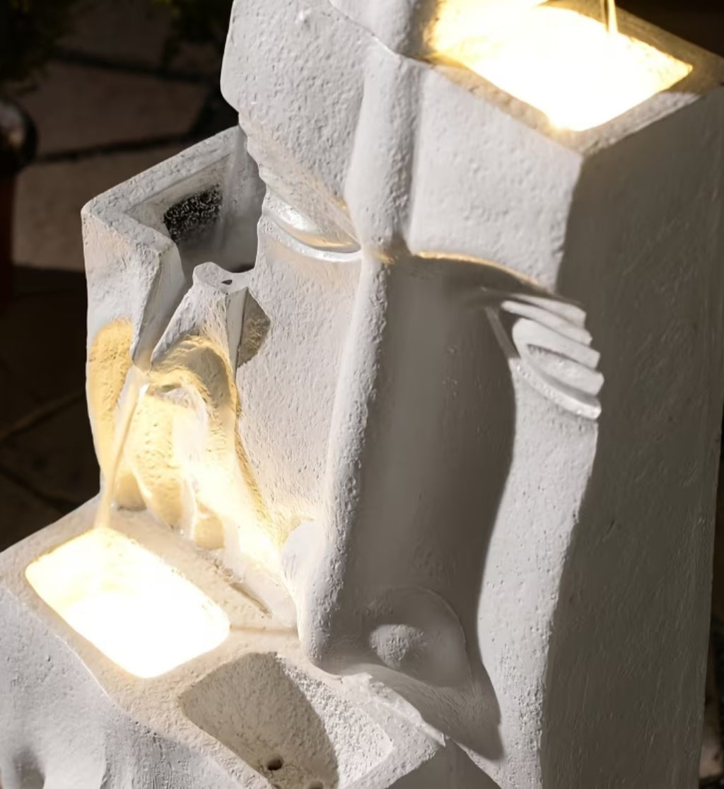Modern Abstract Face Water Fountain with Planter & LED Lights – Outdoor Garden Water Feature 35"