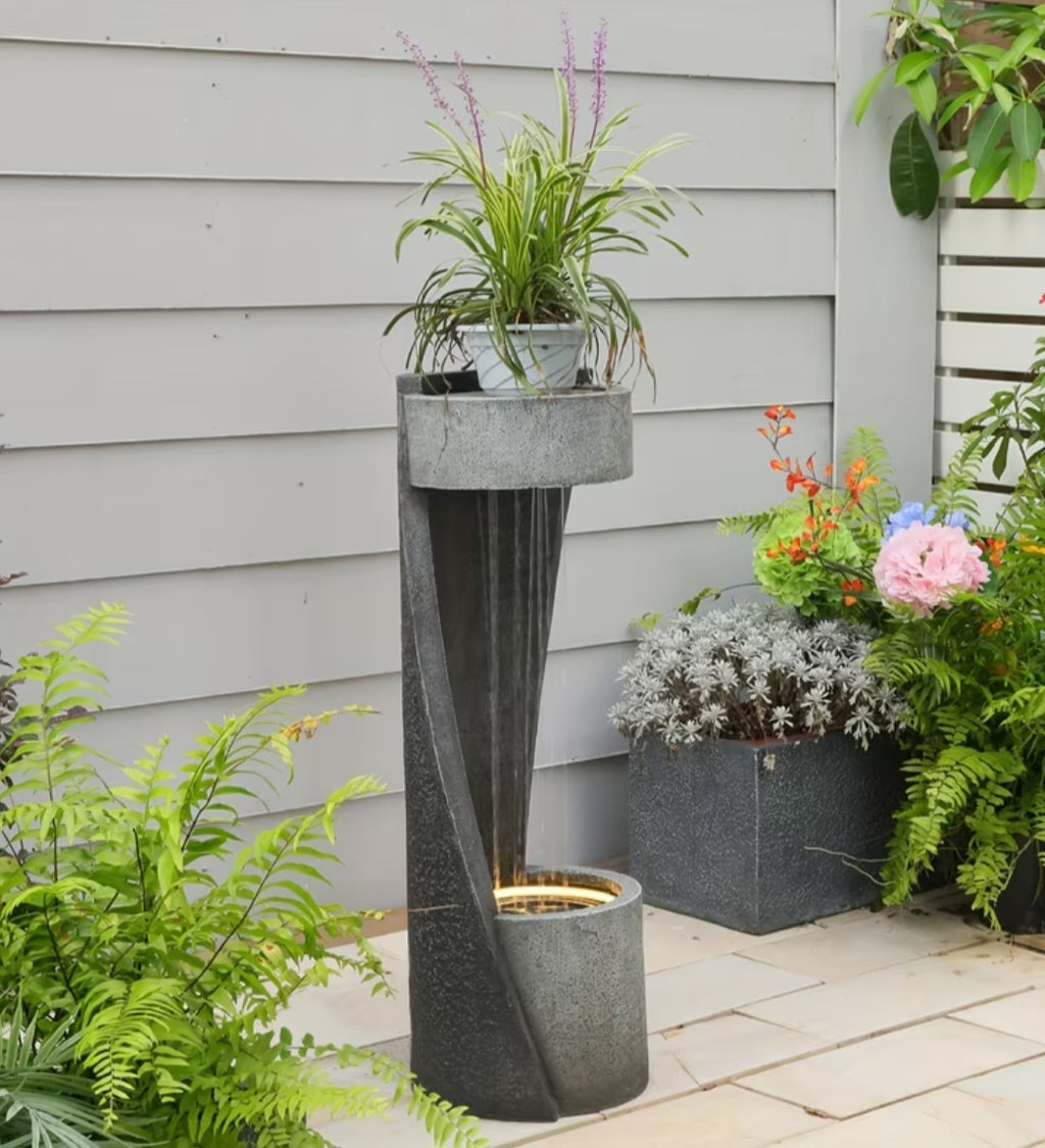Modern Outdoor Water Fountain with Planter & LED Light – Decorative Garden Waterfall 35"
