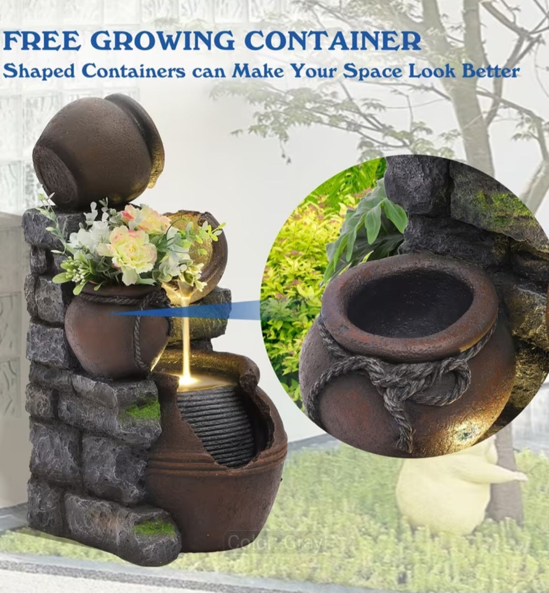 Garden Water Fountain with LED Lights – 4-Tier Cascading Jugs Outdoor & Indoor Decor
