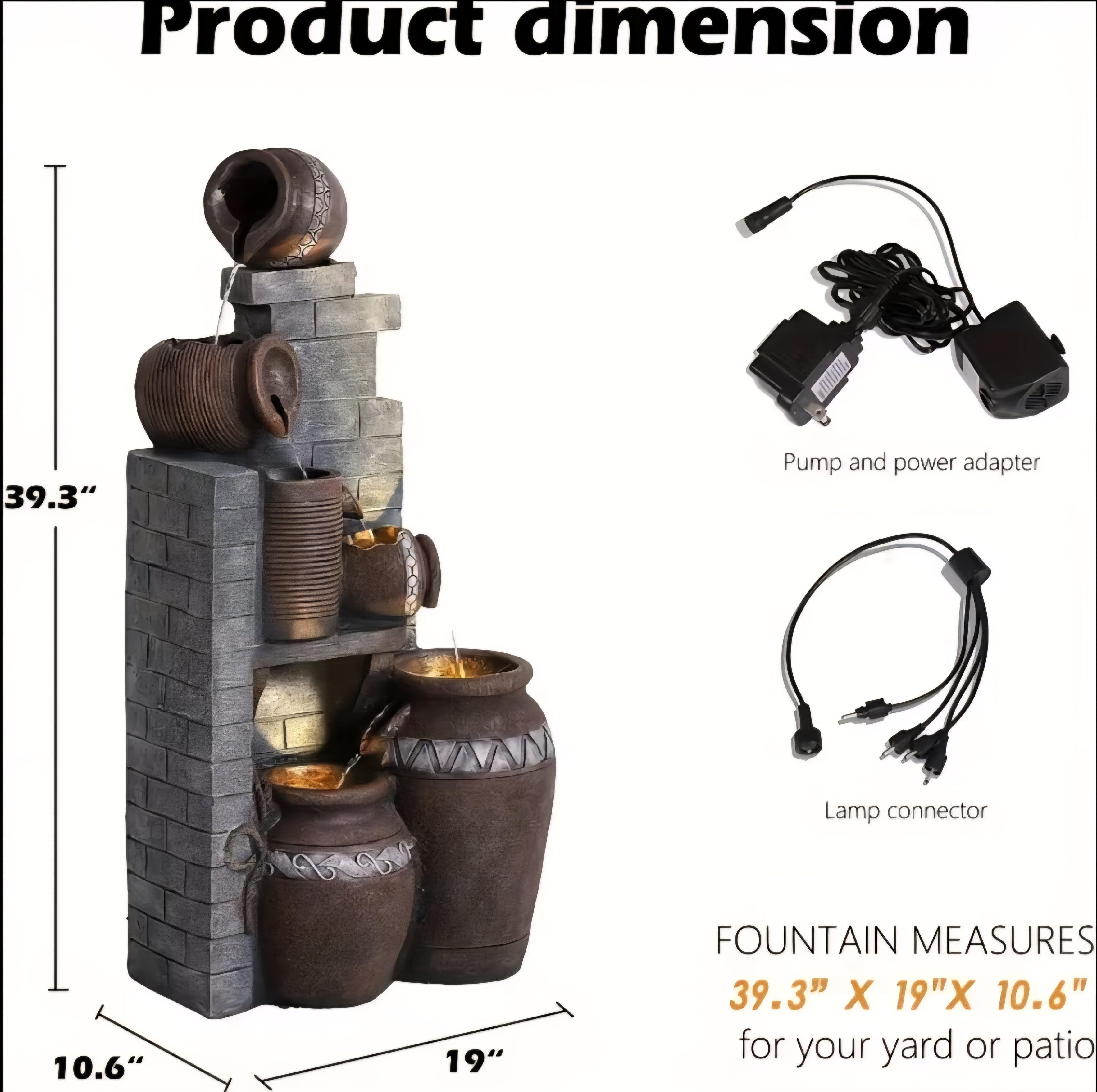 Rustic Outdoor Water Fountain with LED Lights – Multi-Tier Jar Waterfall for Garden & Patio 39.3"