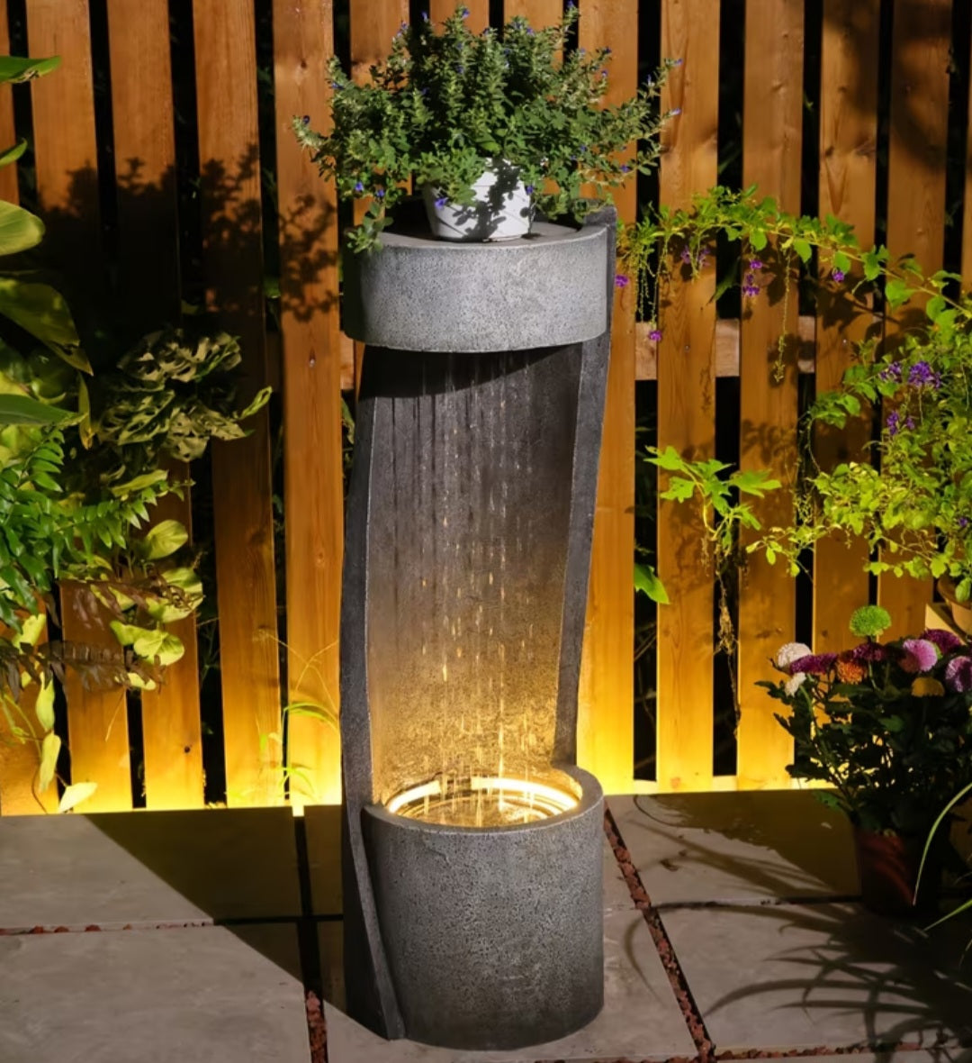 Modern Outdoor Water Fountain with Planter & LED Light – Decorative Garden Waterfall 35"