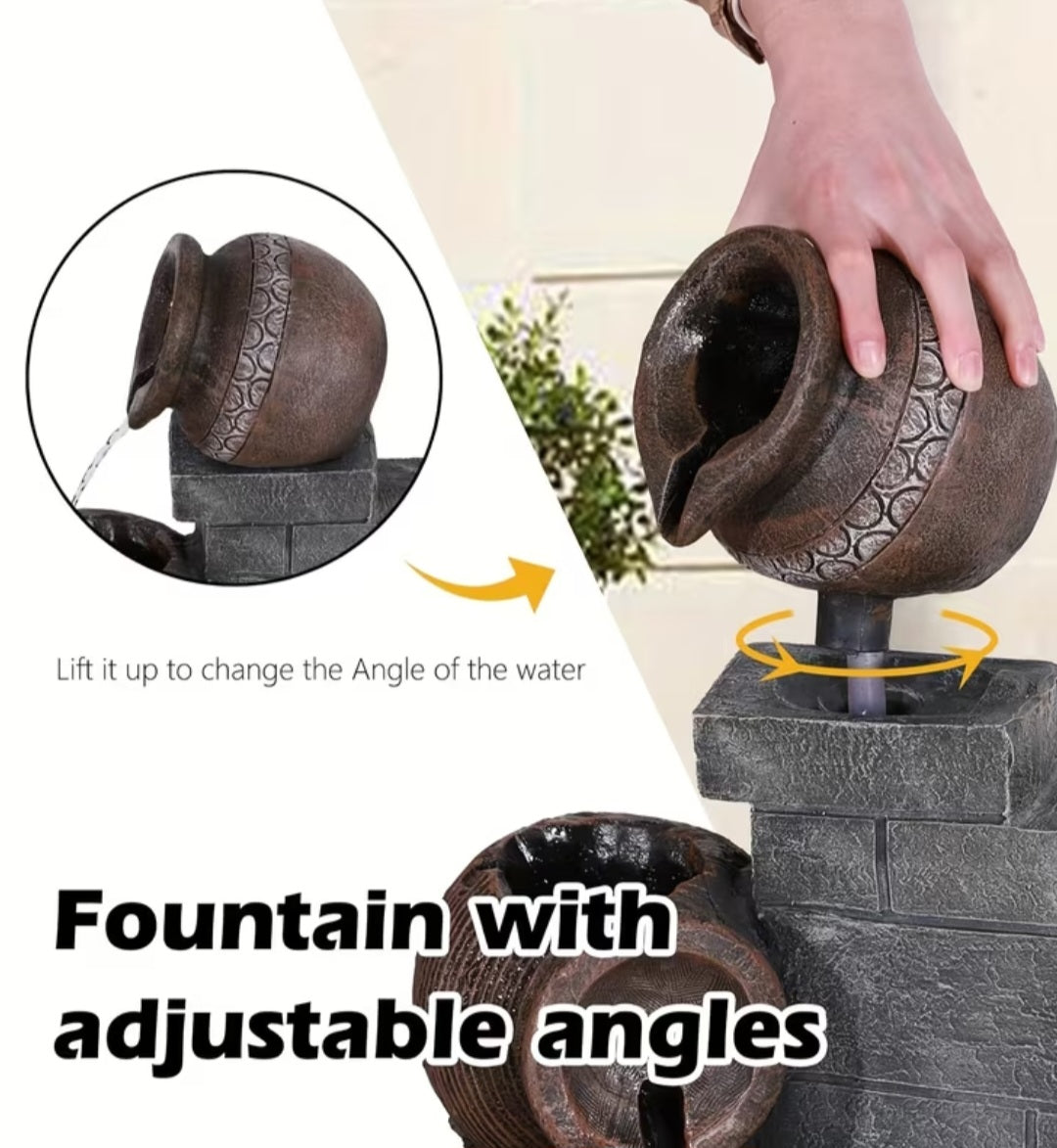 Rustic Outdoor Water Fountain with LED Lights – Multi-Tier Jar Waterfall for Garden & Patio 39.3"