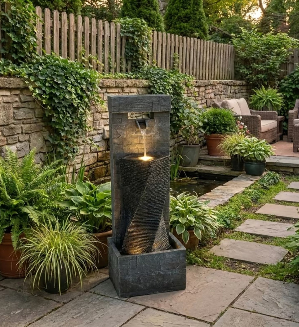 Modern Outdoor Water Fountain with LED Lights – Cascading Garden Waterfall Feature for Patio, Yard & Backyard