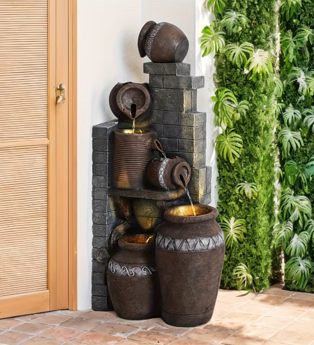 Rustic Outdoor Water Fountain with LED Lights – Multi-Tier Jar Waterfall for Garden & Patio 39.3"
