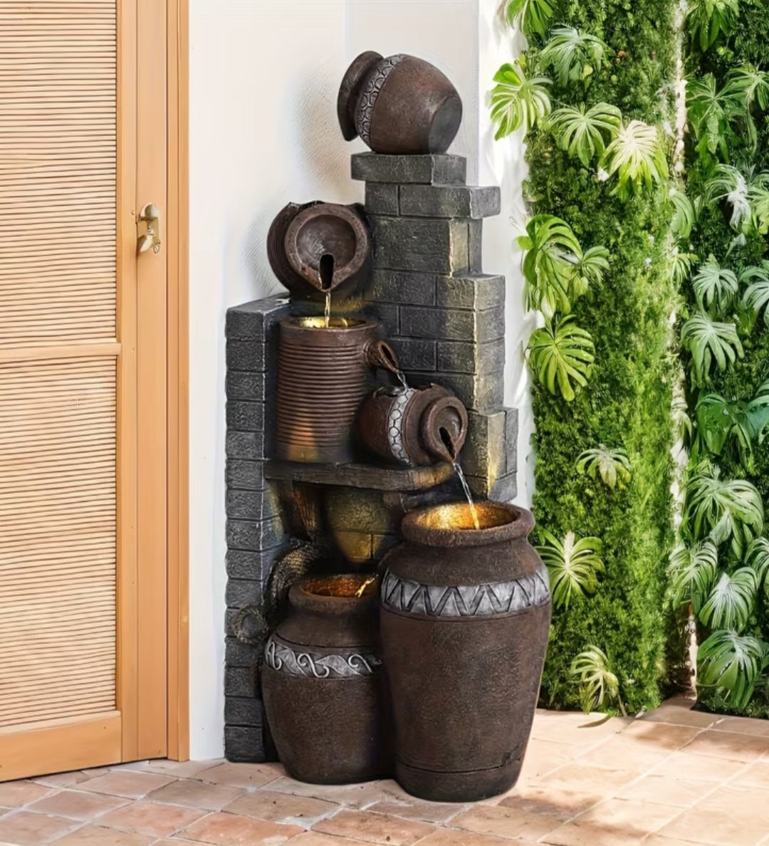 Rustic Outdoor Water Fountain with LED Lights – Multi-Tier Jar Waterfall for Garden & Patio 39.3"