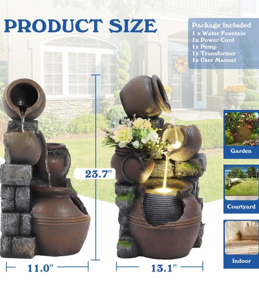 Garden Water Fountain with LED Lights – 4-Tier Cascading Jugs Outdoor & Indoor Decor