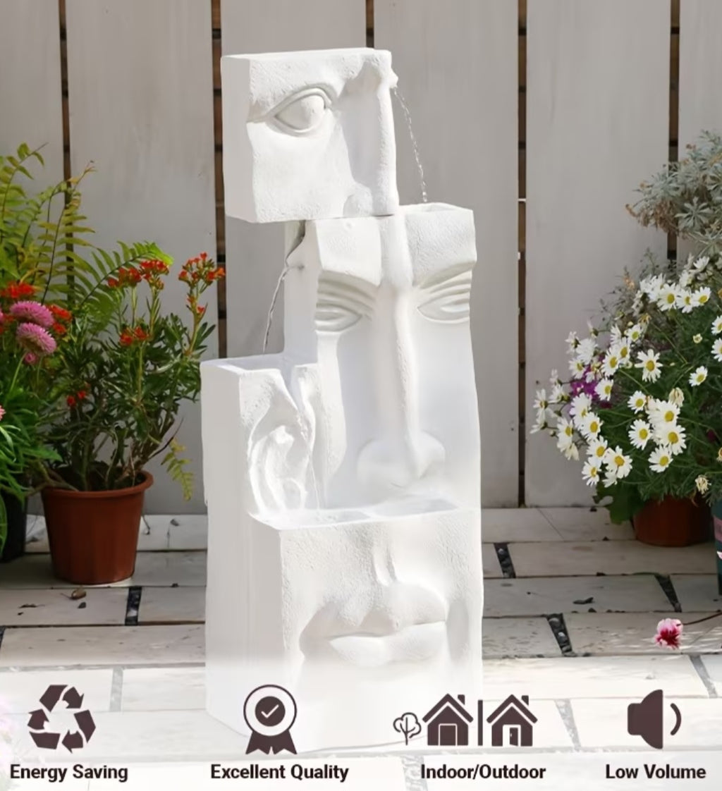 Modern Abstract Face Water Fountain with Planter & LED Lights – Outdoor Garden Water Feature 35"