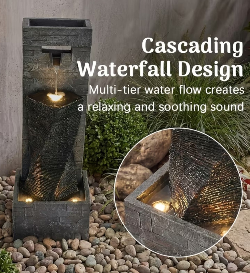 Modern Outdoor Water Fountain with LED Lights – Cascading Garden Waterfall Feature for Patio, Yard & Backyard