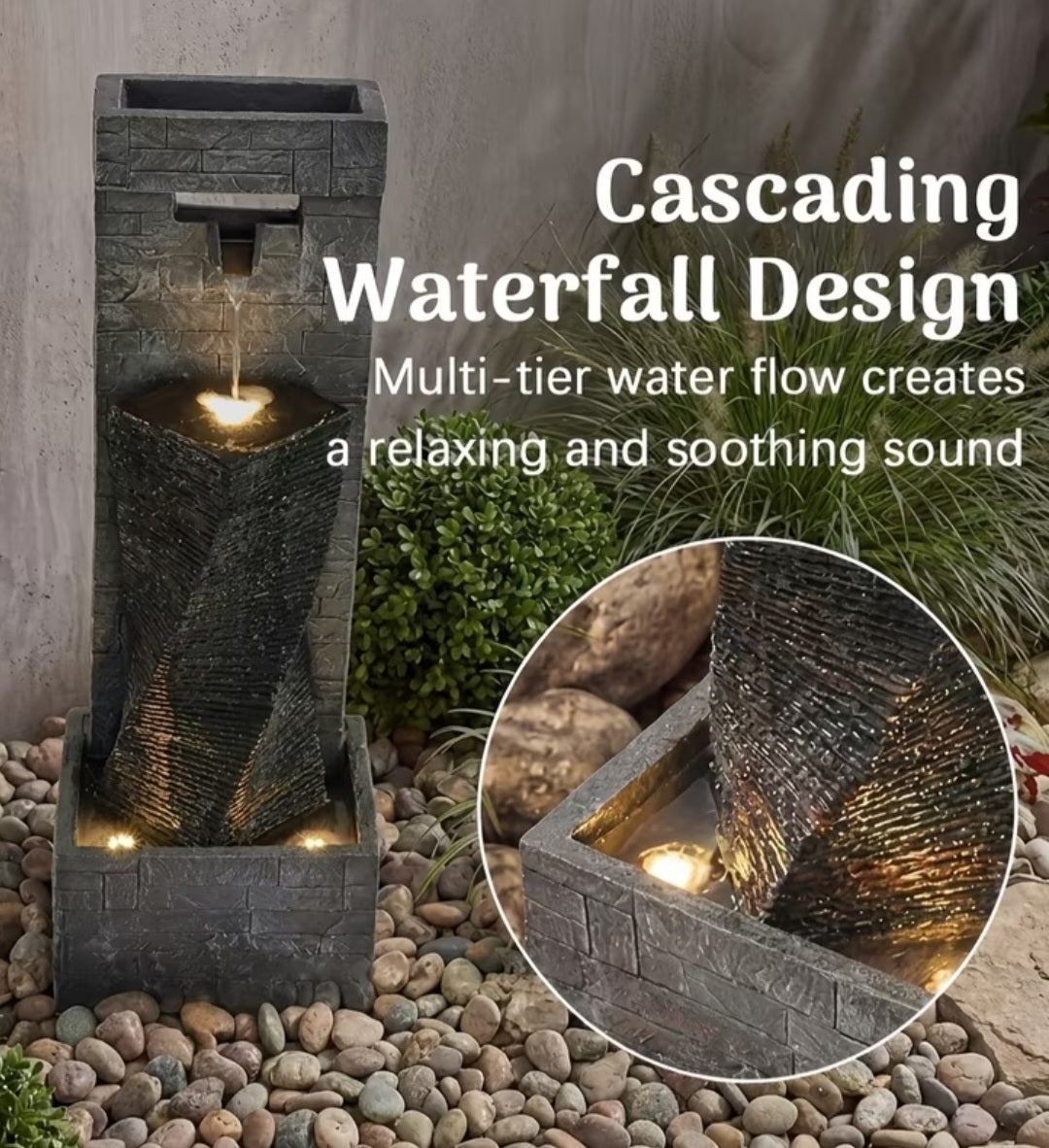 Modern Outdoor Water Fountain with LED Lights – Cascading Garden Waterfall Feature for Patio, Yard & Backyard