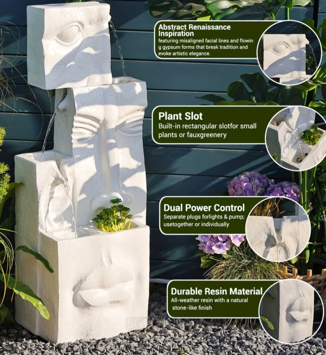 Modern Abstract Face Water Fountain with Planter & LED Lights – Outdoor Garden Water Feature 35"